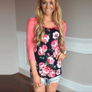 Beautiful Pink Floral Roses Print 3/4 Sleeve Shirt Top, Lightweight